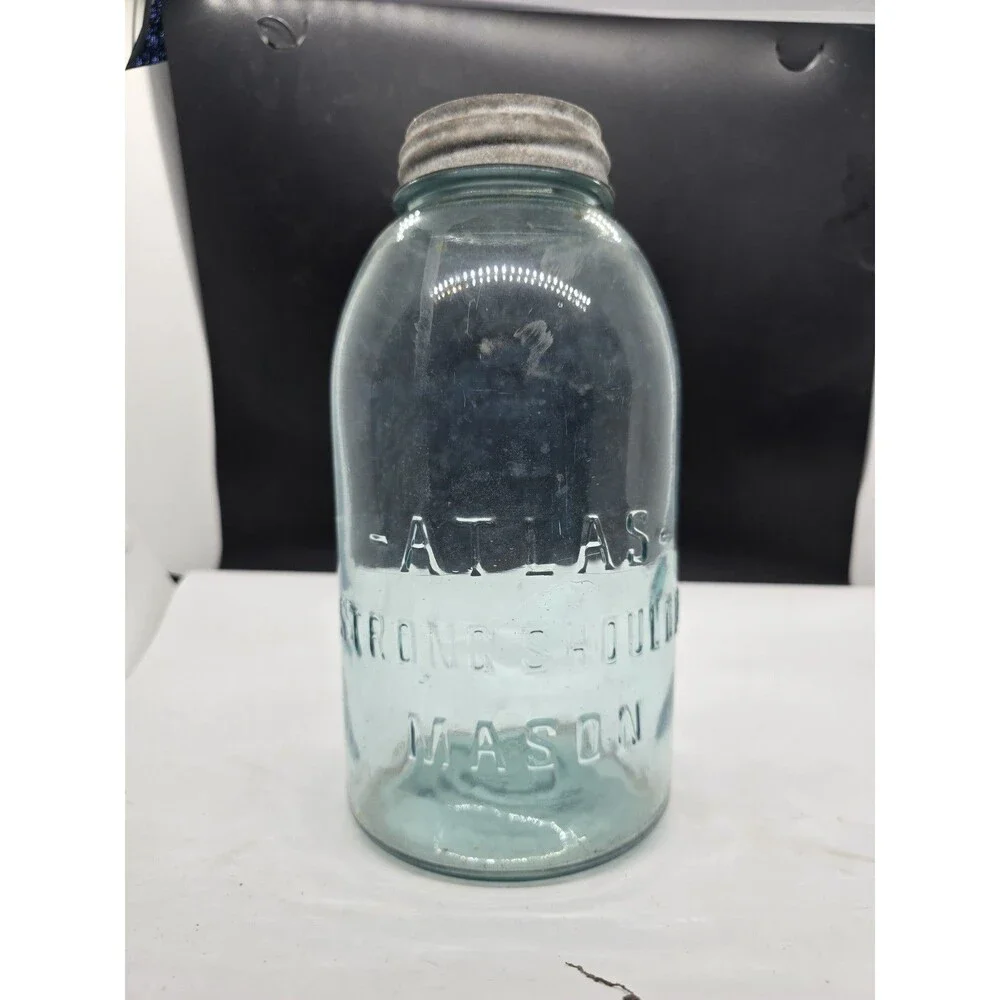 Atlas Strong Shoulder Mason Half Gallon Aqua Blue Jar w/Ball Zinc Lid Vintage